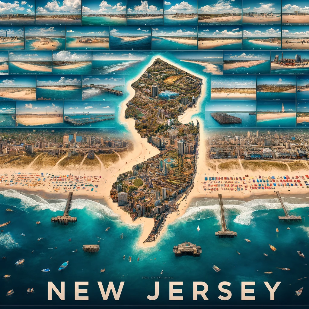acollage image depicting all 25 major beaches in New Jersey